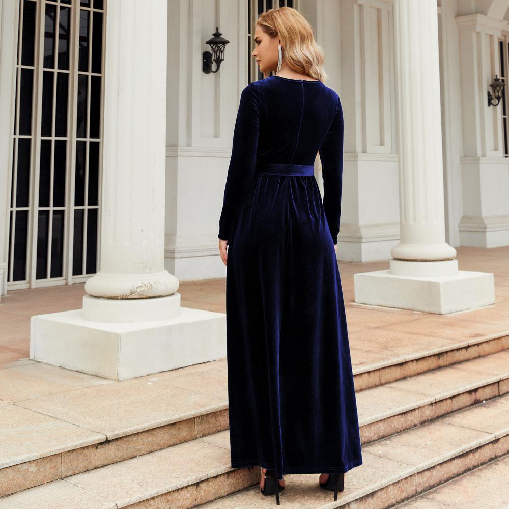 Elegant Velvet Maxi Dress - Autumn Winter Long Sleeve Floor Length Evening Gown